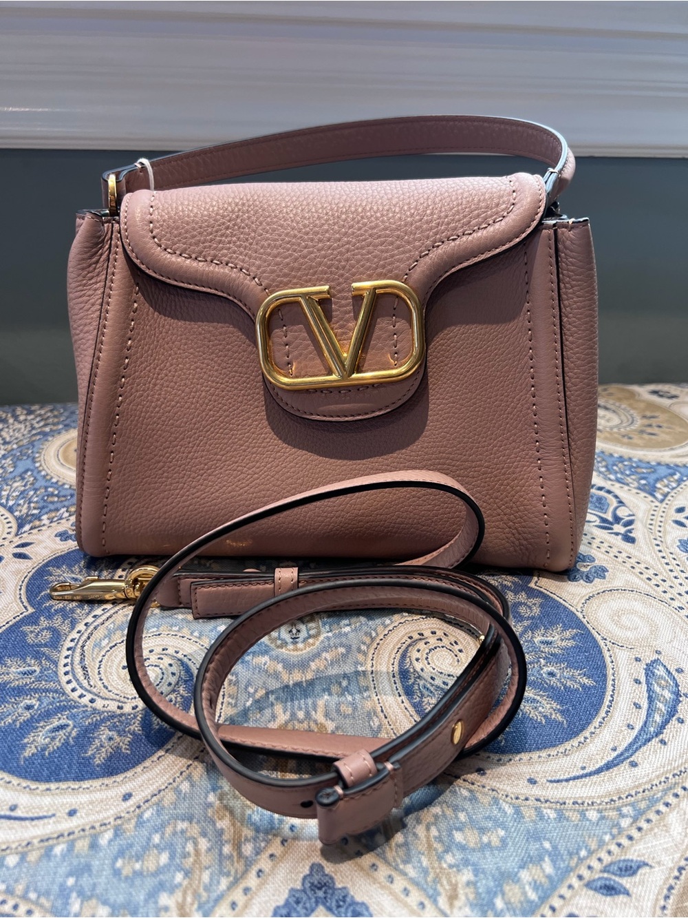 Valentino Garavani Mauve Pink Leather Mini Crossbody with Gold V Logo